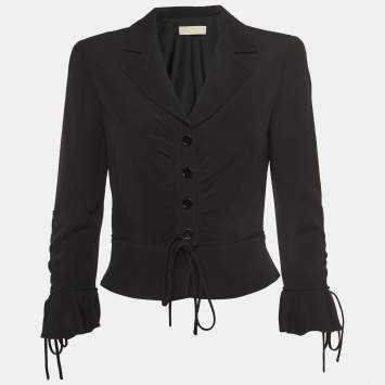 Pre Owned Valentino Vintage Black Crepe Tie-Up Flared Sleeve Cropped Blazer M