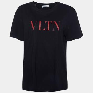 Pre Owned Valentino Black VLTN Print Cotton Crew Neck T-Shirt M