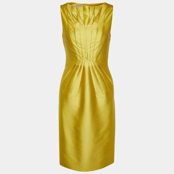 Pre Owned Valentino Mustard Yellow Silk & Wool Pleated Detail Sheath Dress S