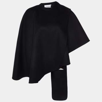 Pre Owned Valentino Black Wool & Cashmere VLTN Scarf Detail Cape S