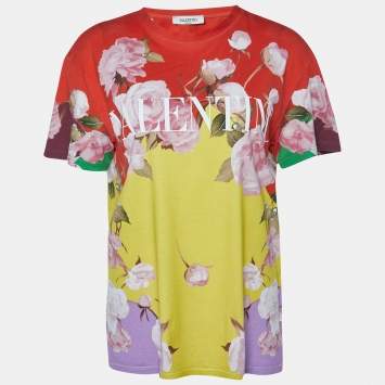 Pre Owned Valentino Yellow/Red Flying Flowers Print Cotton Crew Neck T-Shirt S