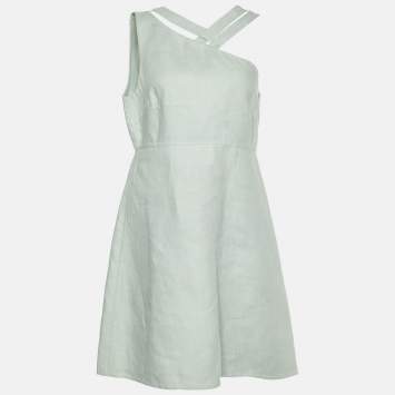 مملوكة مسبقًا Valentino Sage Green Linen Asymmetric Neck Mini Dress M