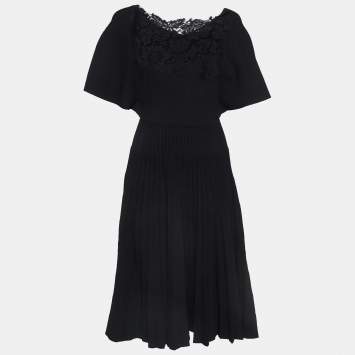 Pre Owned Valentino Garavani Black Knit Lace Trimmed Midi Dress S
