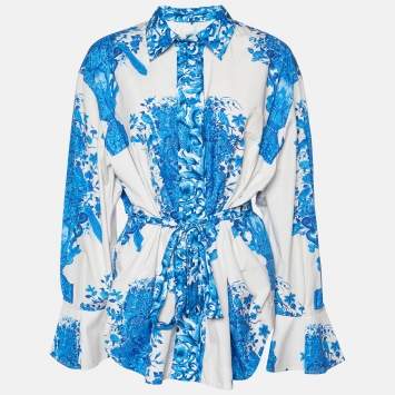 Pre Owned Valentino White Bluegrace Print Poplin Neck Tie-Up Shirt L