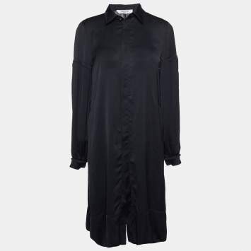 مملوكة مسبقًا Valentino Black Satin Pleated Sleeve Shirt Dress M