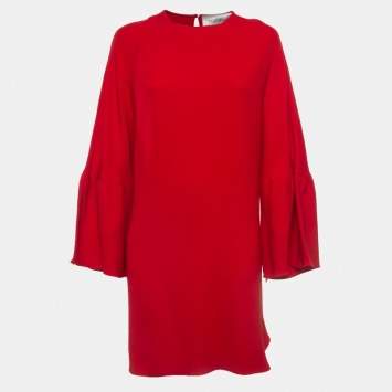 Pre Owned Valentino Red Silk Flared Sleeve Shift Dress M