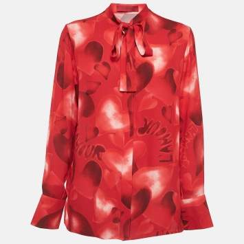 Pre Owned Valentino Red Heart Print Silk Neck Tie Shirt L
