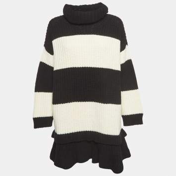 Pre Owned Valentino Black/White Stripe Wool Knit Turtleneck Mini Dress S  