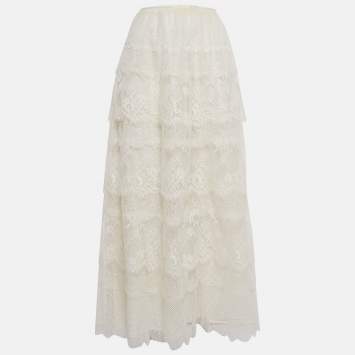 Pre Owned Valentino White Patterned Lace Tiered Midi Skirt L
