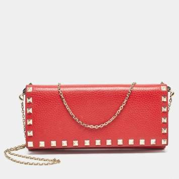 Pre Owned Valentino Red Leather Rockstud Flap Wallet on Chain