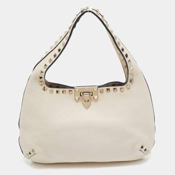 Pre Owned Valentino Off White Leather Rockstud Hobo