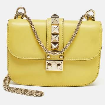 Pre Owned Valentino Yellow Leather Small Rockstud Glam Lock Flap Bag