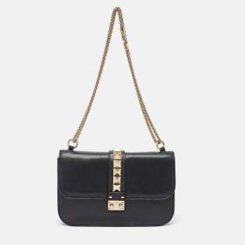 Pre Owned Valentino Black Leather Medium Rockstud Glam Lock Flap Bag