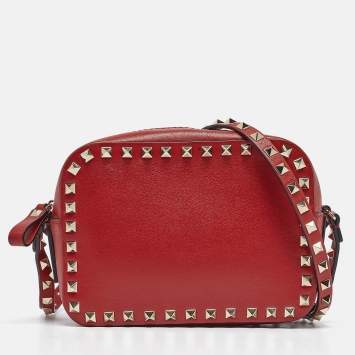 Pre Owned Valentino Red Leather Studded Camera Crossbody Bag