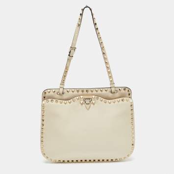 Pre Owned Valentino Off White Leather Rockstud Hobo