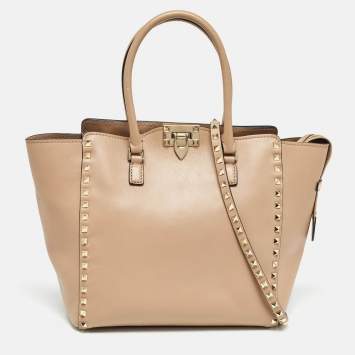 Pre Owned Valentino Beige Leather Rockstud Trapeze Tote
