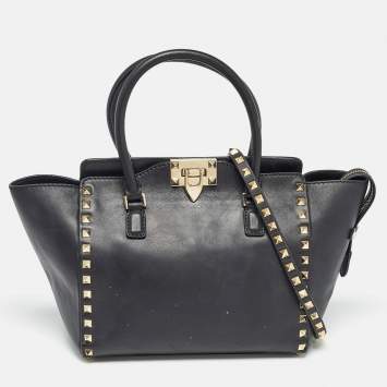 Pre Owned Valentino Black Leather Medium Rockstud Trapeze Tote