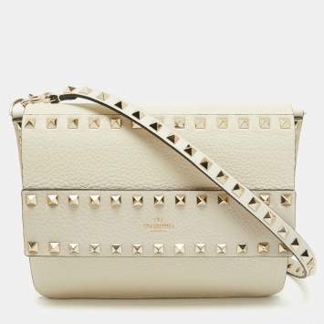 Pre Owned Valentino Off White Leather Rockstud Flap Crossbody Bag
