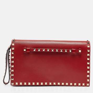 Pre Owned Valentino Red Leather Rockstud Flap Wristlet Clutch