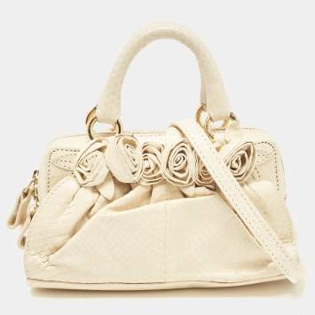 Pre Owned Valentino Cream Snakeskin Flower Appliqué Clutch Bag