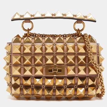 Pre Owned Valentino Dusty Pink Leather Small Roman Stud Chain Mail Shoulder Bag