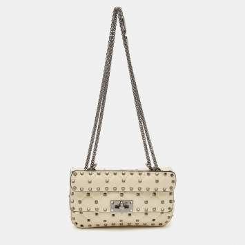 Pre Owned Valentino Cream Quilted Leather Small Rockstud Spike Top Handle Bag