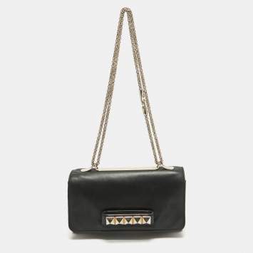Pre Owned Valentino Black Leather Rockstud Va Va Voom Chain Clutch