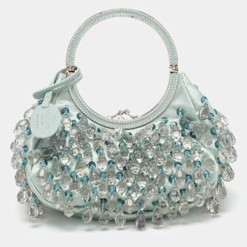 Pre Owned Valentino Blue Satin Embellished Raindrop Evening Satchel