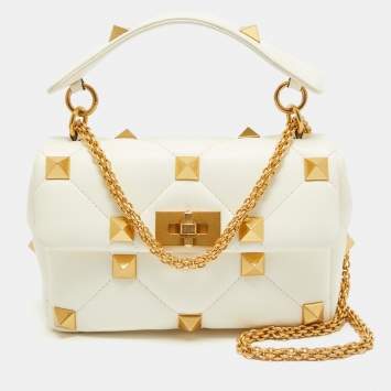 Pre Owned Valentino White Quilted Leather Medium Roman Stud Top Handle Bag
