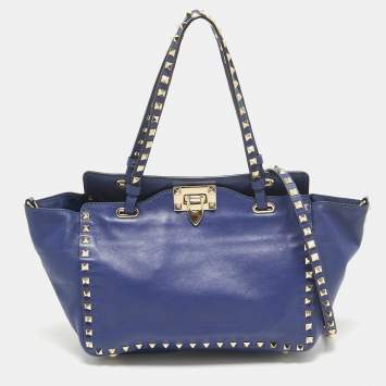 Pre Owned Valentino Blue Leather Small Rockstud Trapeze Tote