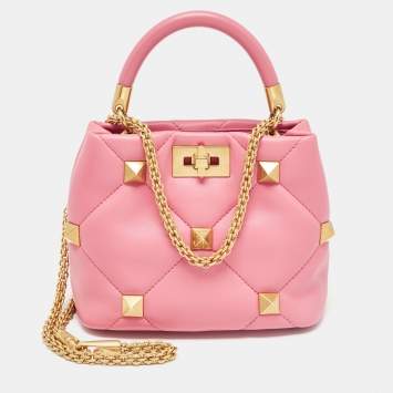 Pre Owned Valentino Pink Quilted Leather Small Roman Stud Top Handle Bag