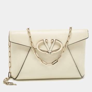 Pre Owned Valentino Off White Leather V Rivet Clutch Bag