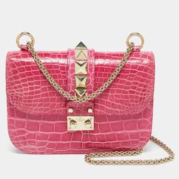 Pre Owned Valentino Pink Crocodile Small Glam Lock Shoulder Bag
