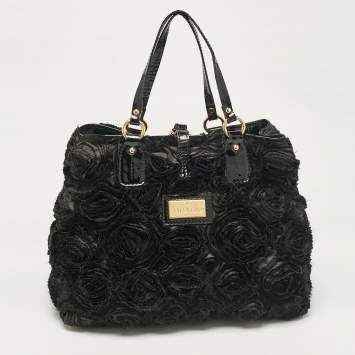 Pre Owned Valentino Black Patent Leather and Satin Rose Applique Tote