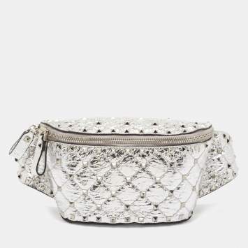 Pre Owned Valentino Silver Quilted Patent Leather Rockstud Spike Belt Bag