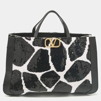 Pre Owned Valentino Black/White Printed Sequins and Leather VLogo Tote