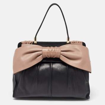 Pre Owned Valentino Black/Taupe Leather Aphrodite Bow Top Handle Bag