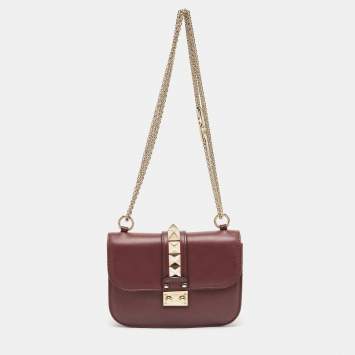 Pre Owned Valentino Burgundy Leather Small Rockstud Glam Lock Flap Bag