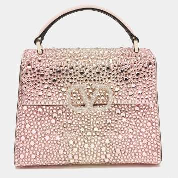 Pre Owned Valentino Pink Suede Crystals Mini VSling Top Handle Bag