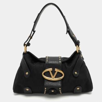 Pre Owned Valentino Black Canvas and Leather Embellished Satchel