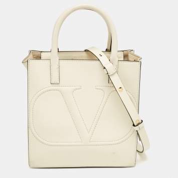 Pre Owned Valentino Off White Leather Small VLogo Walk Tote