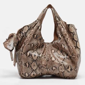 Pre Owned Valentino Beige/Brown Water Snake Bow Hobo