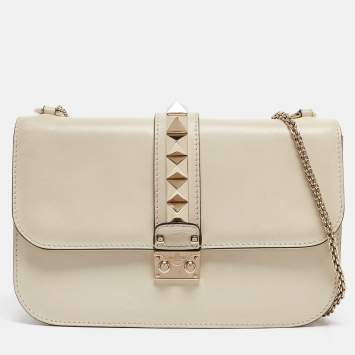 Pre Owned Valentino Off White Leather Medium Rockstud Glam Lock Flap Shoulder Bag