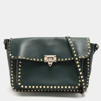 Pre Owned Valentino Green Leather Rockstud Flap Shoulder Bag