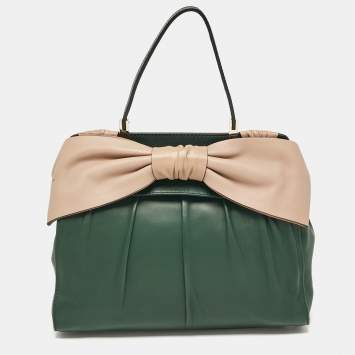Pre Owned Valentino Green/Beige Leather Aphrodite Bow Top Handle Bag