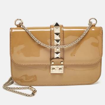 Pre Owned Valentino Beige Patent Leather Medium Rockstud Glam Lock Shoulder Bag