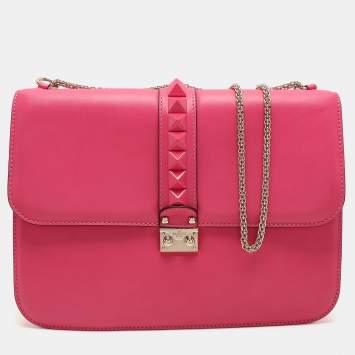 Pre Owned Valentino Pink Leather Large Glam Lock Shoulder Bag
