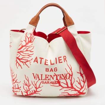 Pre Owned Valentino White/Red Printed Canvas Large Atelier Tote