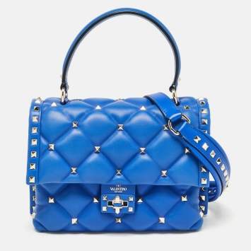 Pre Owned Valentino Blue Quilted Leather Medium Candystud Top Handle Bag