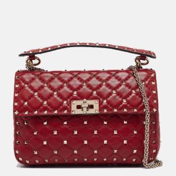 Pre Owned Valentino Red Quilted Leather Medium Rockstud Spike Top Handle Bag
